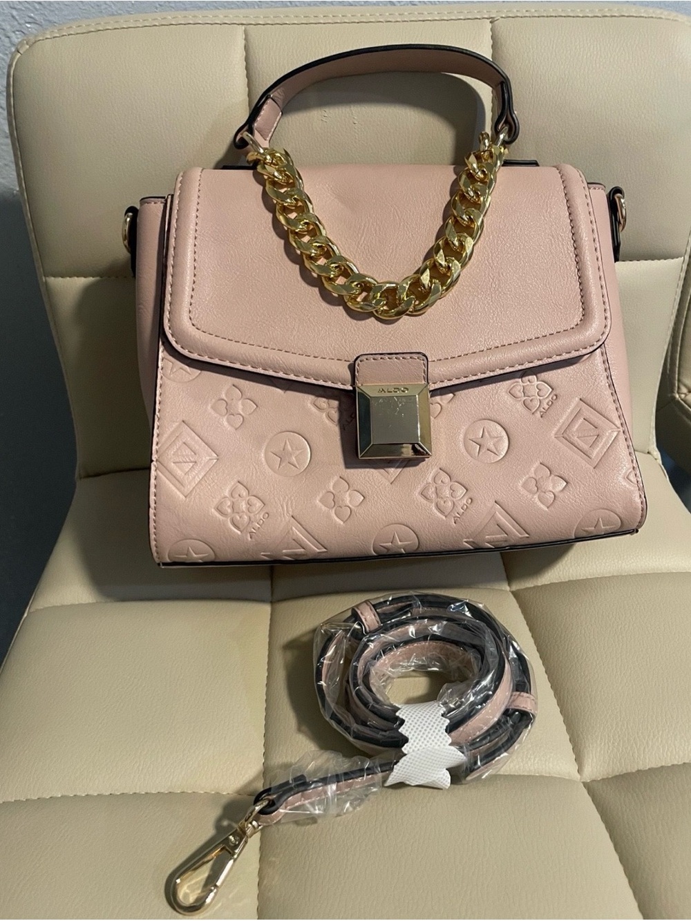 Aldo Light Pink Embossed Satchel with Gold Chain Handle